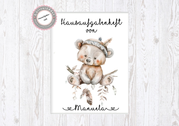 zuckersüßer Schulheft Umschlag Bär 2 Boho Style Hausaufgabenheft in seperater hochwertiger Hülle Einschulung Schulkind von Lüttentüddel®